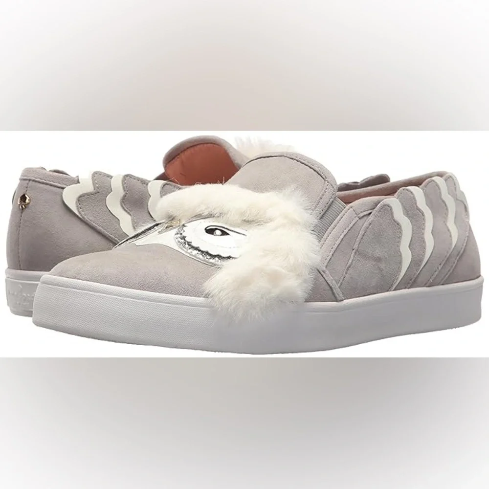 Kate Spade Lefferts Gray Suede Leather Owl Slip On Flat Embellished Sneakers 8.5